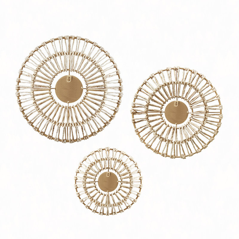 Round Natural Fiber And Mirror 3-Piece Wall Decor Set