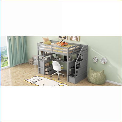 Twin Size Solid Pine Loft Bed with Desk, Shelves &amp; Storage Staircase – 2 Drawers, No Box Spring Needed, Gray