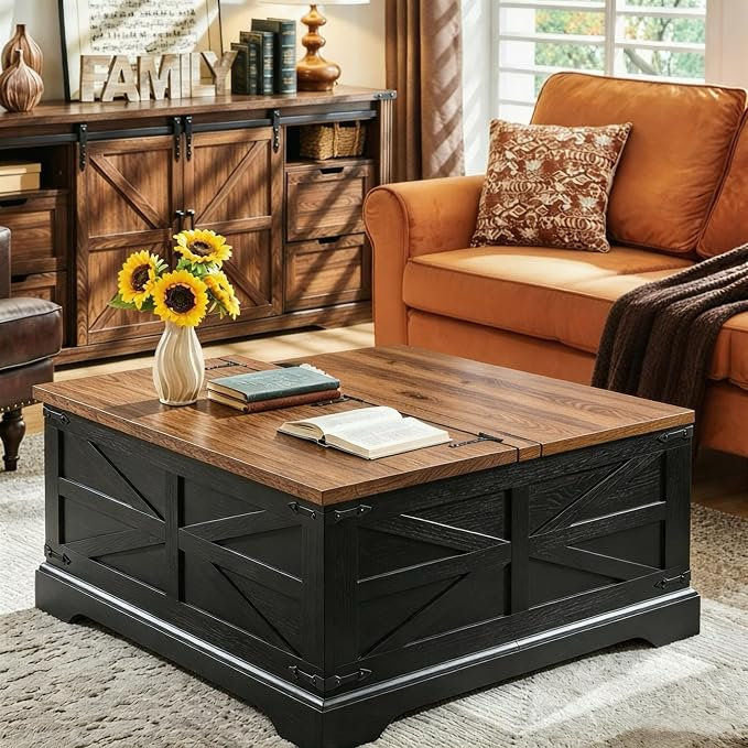 Table basse à plateau relevable Farmhouse, table carrée en bois avec rangement caché 36 po, Brun / Noir