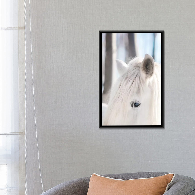 Cheval blanc, impression sur toile, H 26 po x l 18 po x p 1,5 po, Toile avec cadre noir, Pas de tapis
