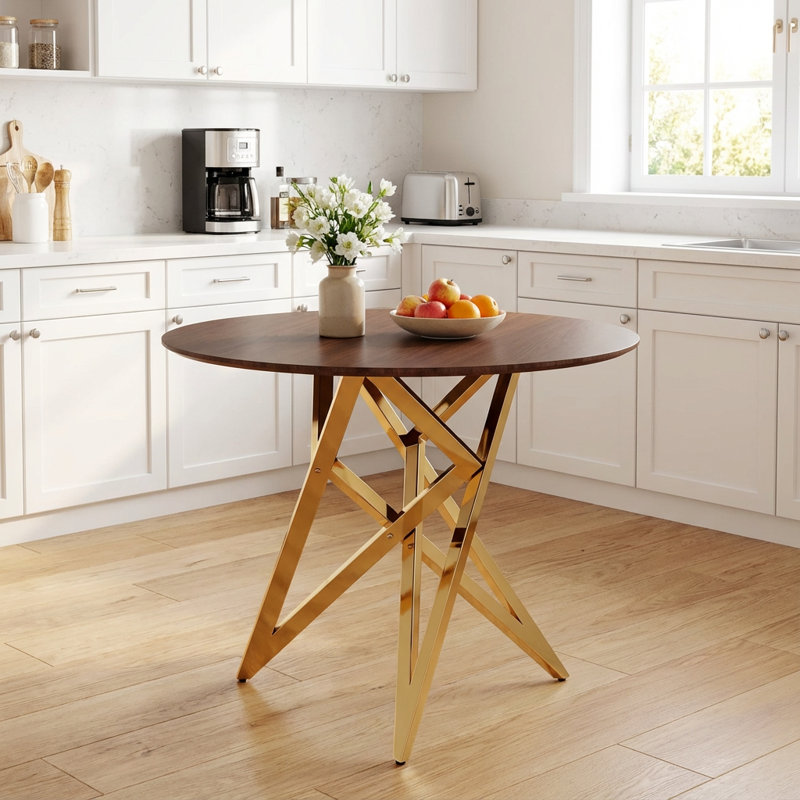 Compact Round Dining Table with Metal Legs, Walnut, Gold