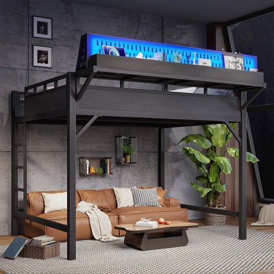 Grand lit mezzanine en métal avec rangement, ports USB et lumières DEL, conception sécuritaire et robuste pour les petits espaces, noir