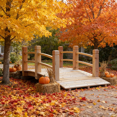 5 ft Garden Bridge - Natural Wood Arc Footbridge Walkway with Side Railings, Decorative Wooden Bridge Landscaping for Backyard Farm Garden Creek Pond Decor, Easy to Assemble