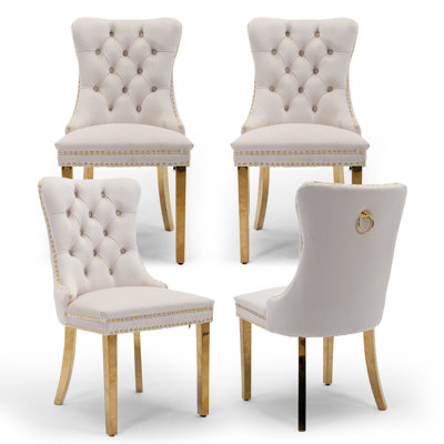 Velvet Fabric Upholstered Dining Chairs Set of 4 with Golden Legs,Beige