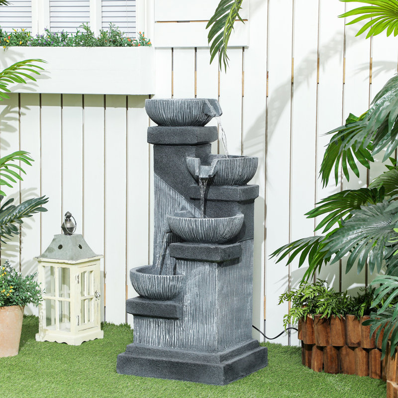 4-Tier 33.5" Outdoor Waterfall Fountain with LED Lights, Pump Grey