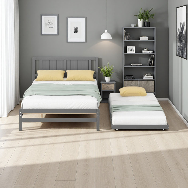 Full Size Platform Bed With Adjustable Trundle, Gray