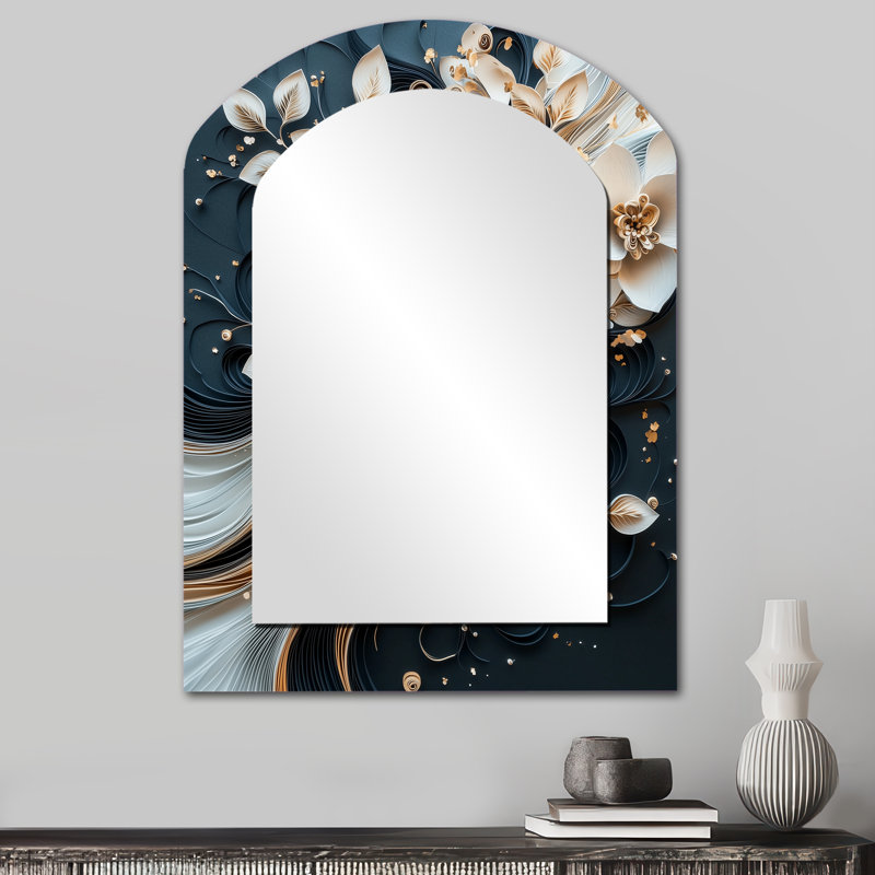 Pivoine blanche blanche à encre liquide III - Grand miroir mural arqué sur métal, 34 po x 25 po