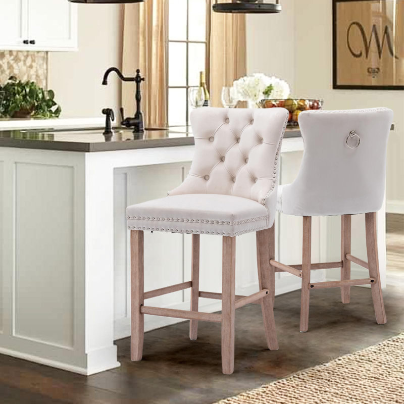 Modern Velvet Upholstered Bar Stools, Beige