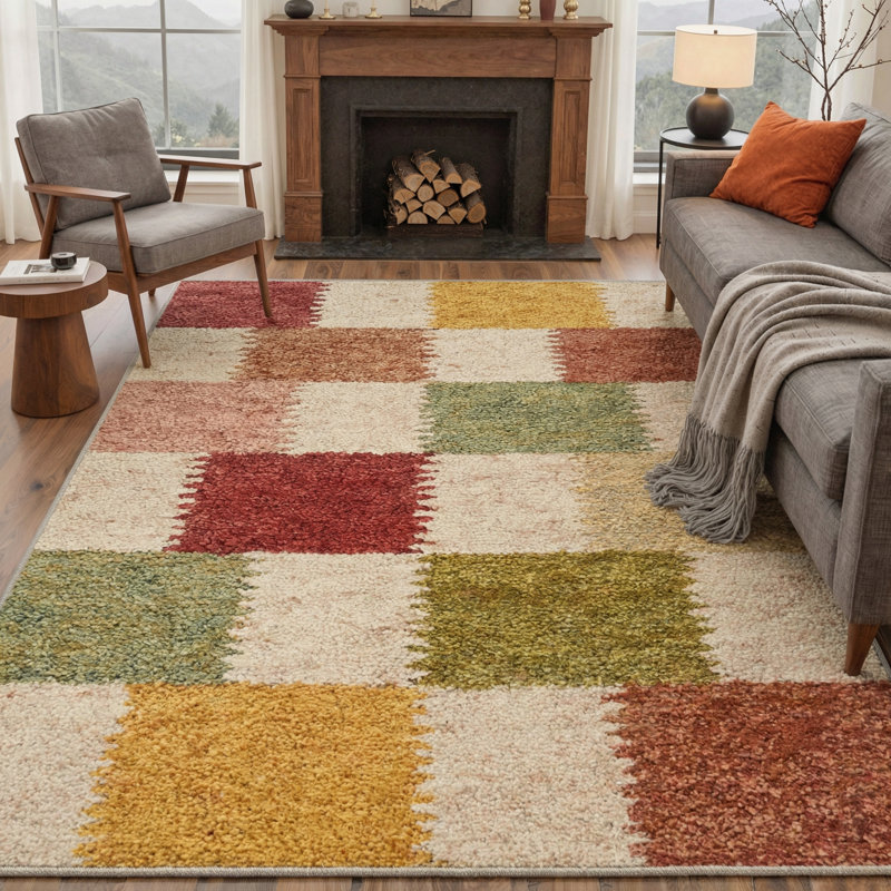 Tessera Checkered Machine Washable Pink / Beige / Yellow / Green Indoor Area Rug with Non-Slip Backing, Round 5'