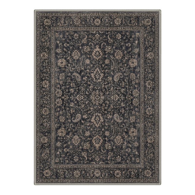 Tapis oriental bleu marine / brun lavable à la machine avec envers antidérapant, Rectangulaire 8 pi x 10 pi