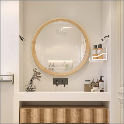 Natural Wood Round Wall Mirror, 23.62" Minimalist Decorative Mirror for Bathroom Vanity/Living Room (Sleek Solid Wood Frame)