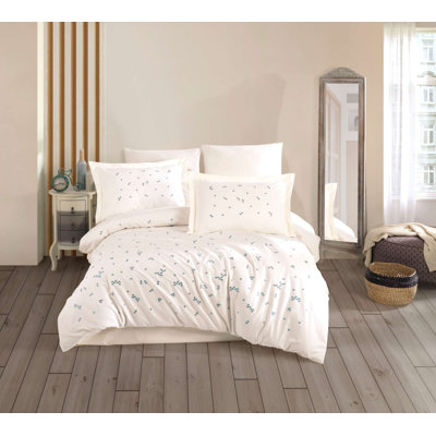 Ensemble de housse de couette double en popeline de luxe brodée, crème | 100% coton, housse de couette: 78,7 x 86,6 pouces, drap plat: 94,5 x 102,4 pouces, taies d'oreiller: 19,7 x 27,6 pouces (2 pièces) | Lavable à la machine, conception élégante avec fermeture à boutons