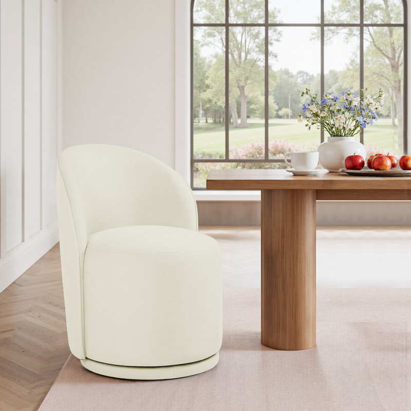 Integrated Barrel Armless Swivel Fabric Dining Chair, Beige Cotton Linen