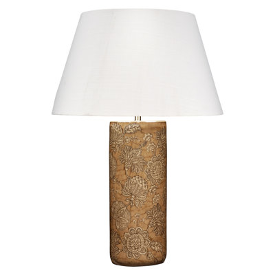 Lampe de table Etta en porcelaine avec abat-jour en lin, brun caramel