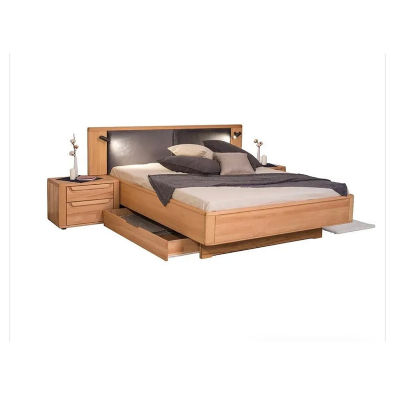 Lit Nikole King Size avec 2 tables de chevet – Bois massif, fini beige, Très grand, Yes