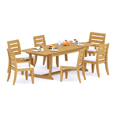 7 Pcs Grade-A Teak Wood Dining Set: 94" Double Extension Mas Rectangle Trestle Leg  Table And 6 Atnas  Chairs (2 Arm & 4 Armless Chairs) #11AT2102