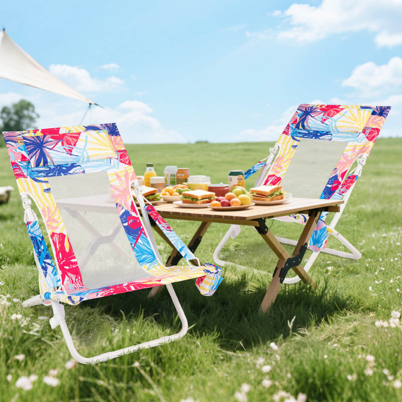 Folding Low Beach Chair, Set of 2 with Padded Head Pillow, Mesh Back, Cup Holder Pink, Pink/Blue/Yellow Floral