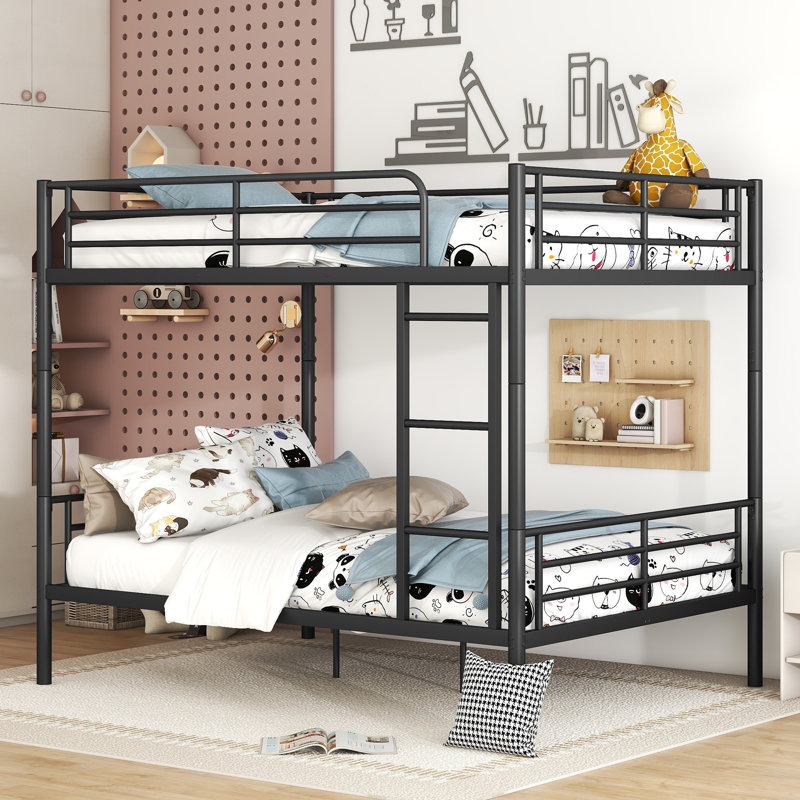 Space-Saving Convertible Metal Bunk Bed With Safety Guardrails, Black, Full over Full