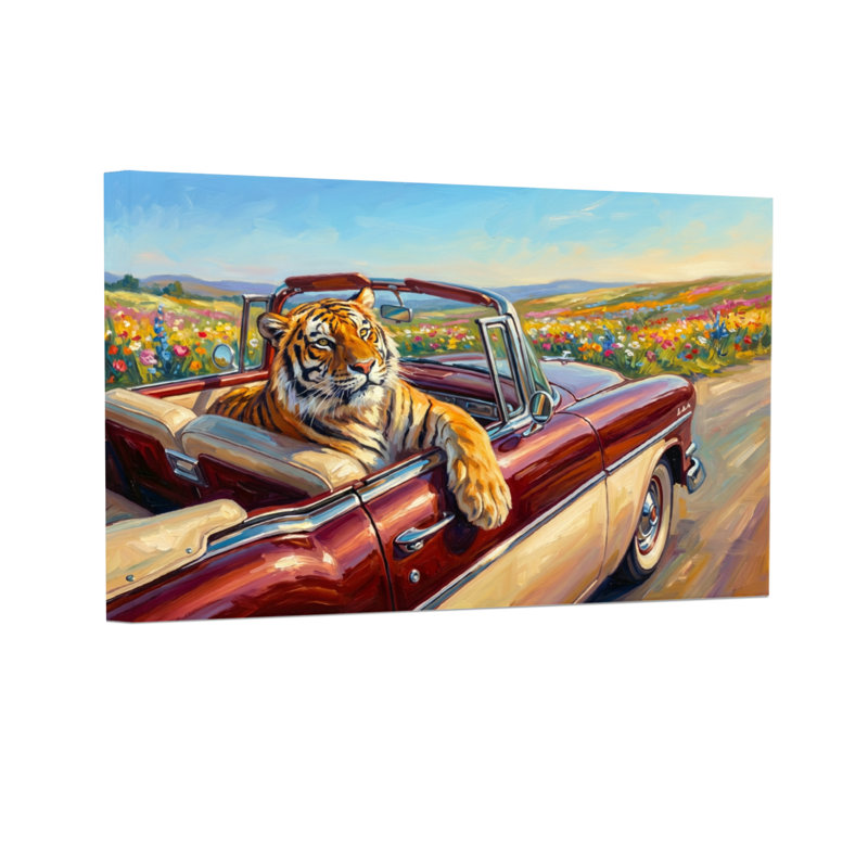 Animals Tiger Driving Red Convertible In Field