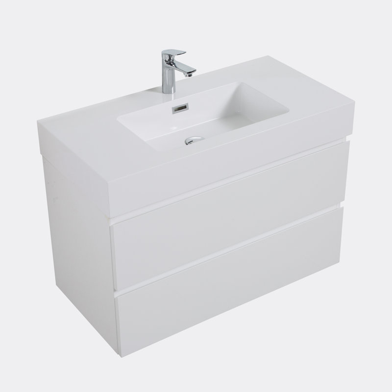 Ensemble de meuble-lavabo mural simple 35,80 po avec plateau Maare, Blanc, Blanc