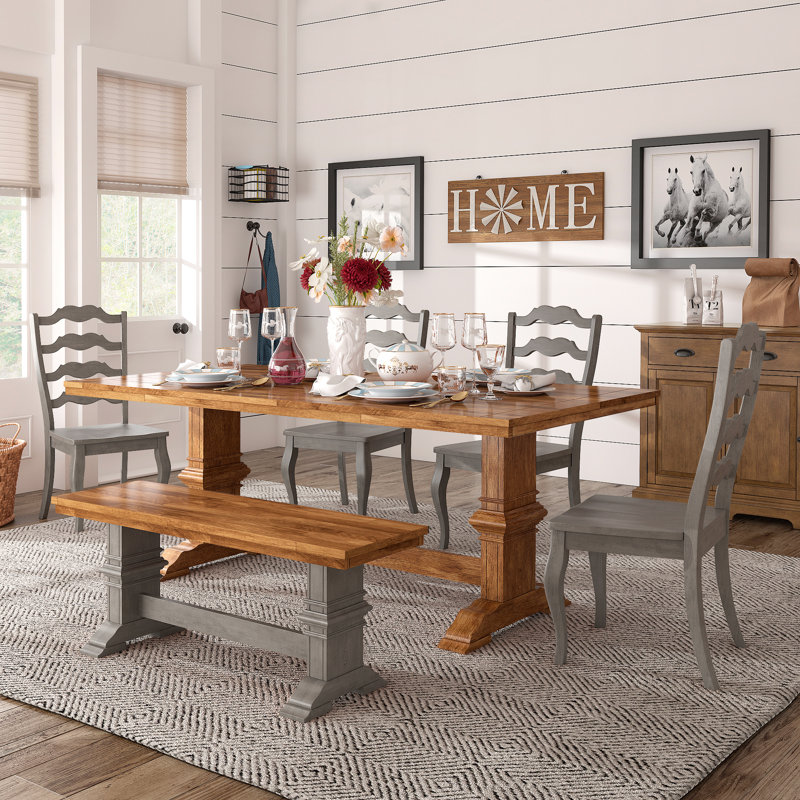 Fortville 78" Solid Wood Oak Finish Top 7-Piece Dining Set With French Ladder Back Chairs, Oak, Antique Gray