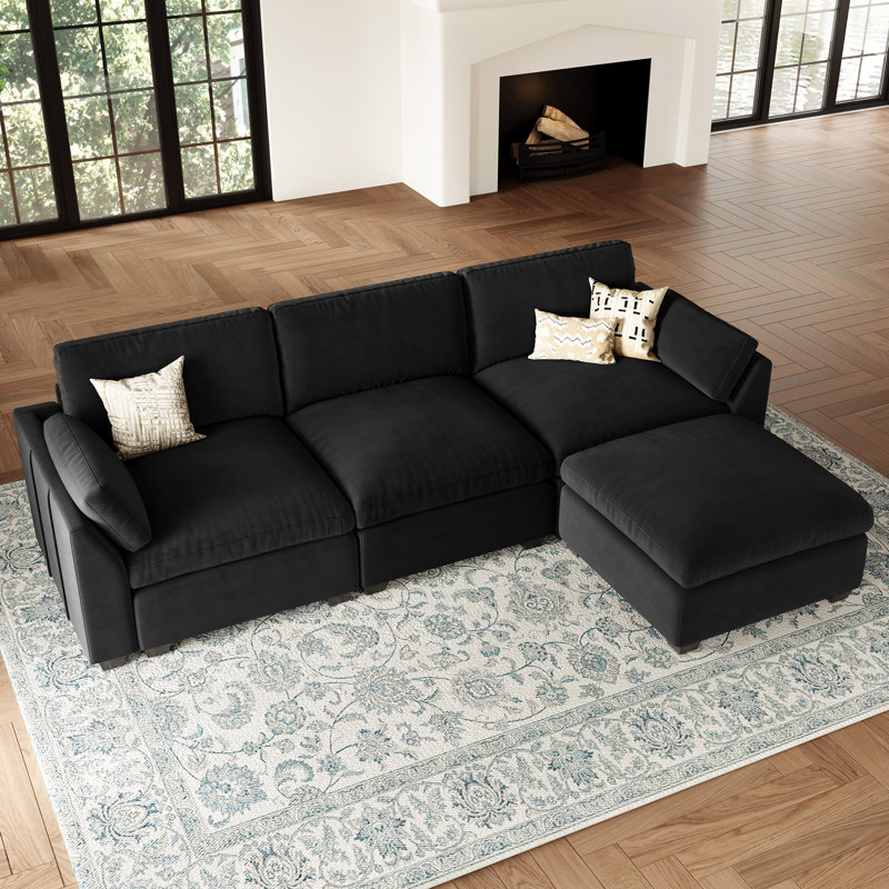 L-Shaped Modular Sectional with Ottoman, Black Velvet