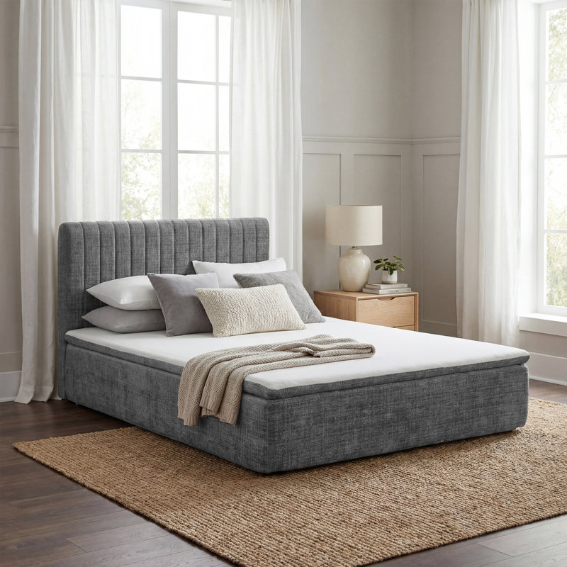 Zipper-Connected Compression Bed With A 15” High Mattress And Tufted Headboard, Gray, Full