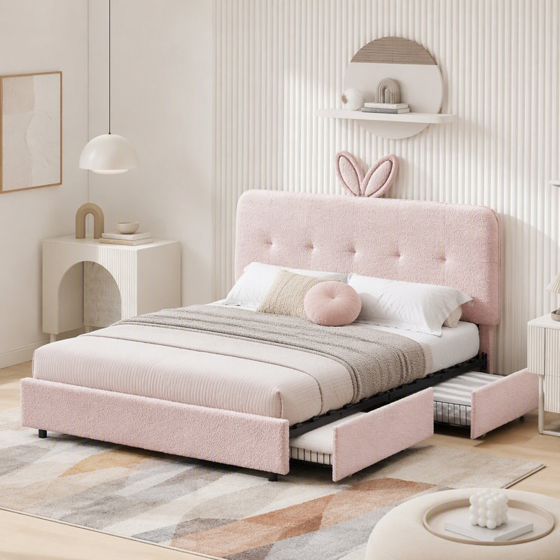 Lit tapissier avec tête de lit surdimensionnée, lumière DEL et 4 tiroirs de rangement, Full, Pink