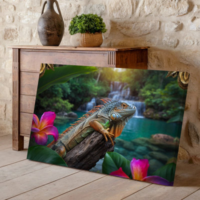 Canvas A Vibrant Tropical Scene Featuring A Colorful Lizard Perched On Wall Art A Textured Wooden Branch Surrounded By Lush Foliage Canvas Wall Art
