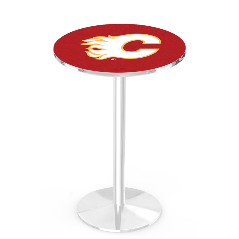 NHL Round Metal Base Dining Table, Chrome, Calgary Flames