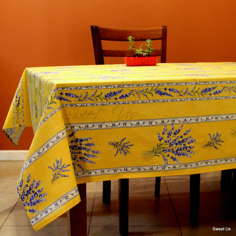 Wipeable Stain Resistant Acrylic Coated Provencal Lavender Floral Cotton Tablecloth Collection, Yellow, 60" W x 78" L