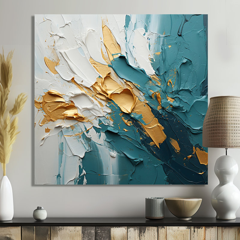 Teal Gold Ocean Bliss - vagues côtières, art mural, Toile tendue, H 16 po x l 16 po x P 1 po