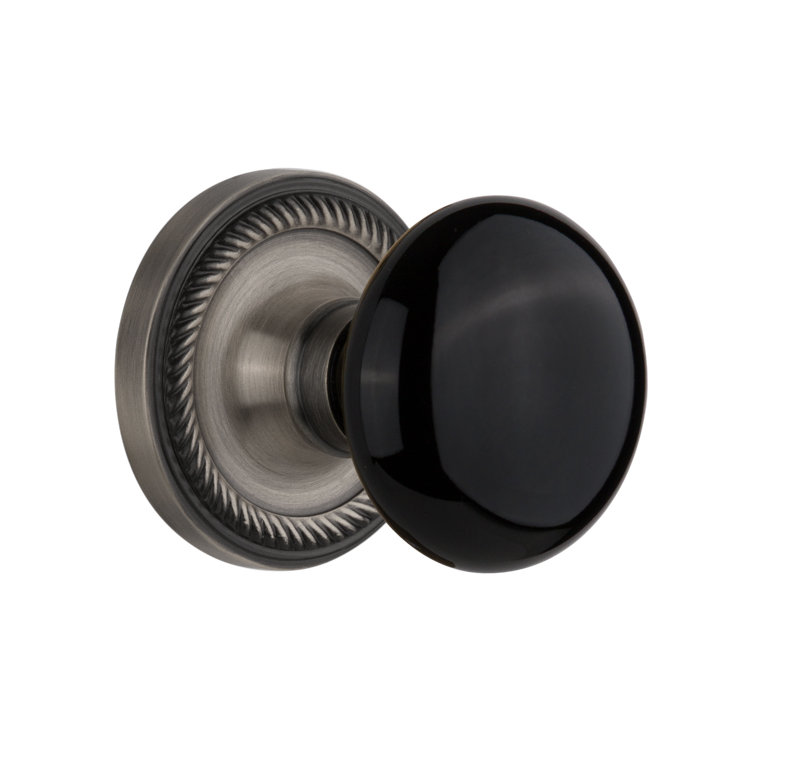 Rosette corde avec bouton de porte en porcelaine noire, 2-3/8 po, Étain antique