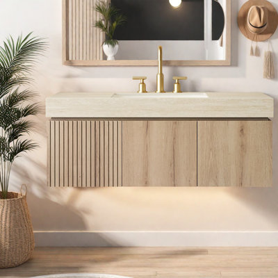 Meuble-lavabo moderne avec rangement, bois et pierre, style contemporain pour salle de bain
