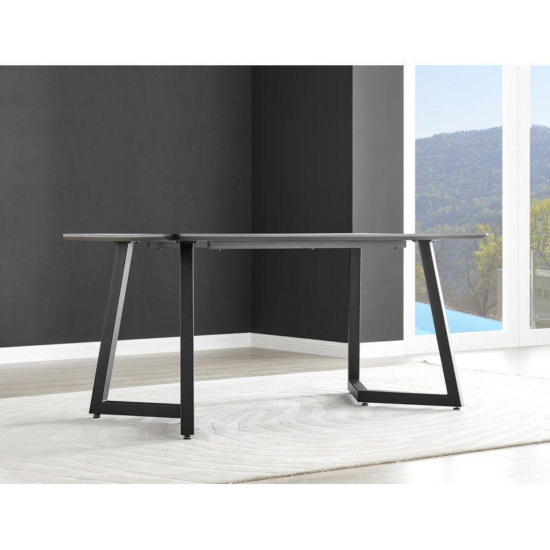 Industrial Design White & Grey Marble Effect Melamine Dining Table Set with 6 Faux Leather Chairs, Grey/Black