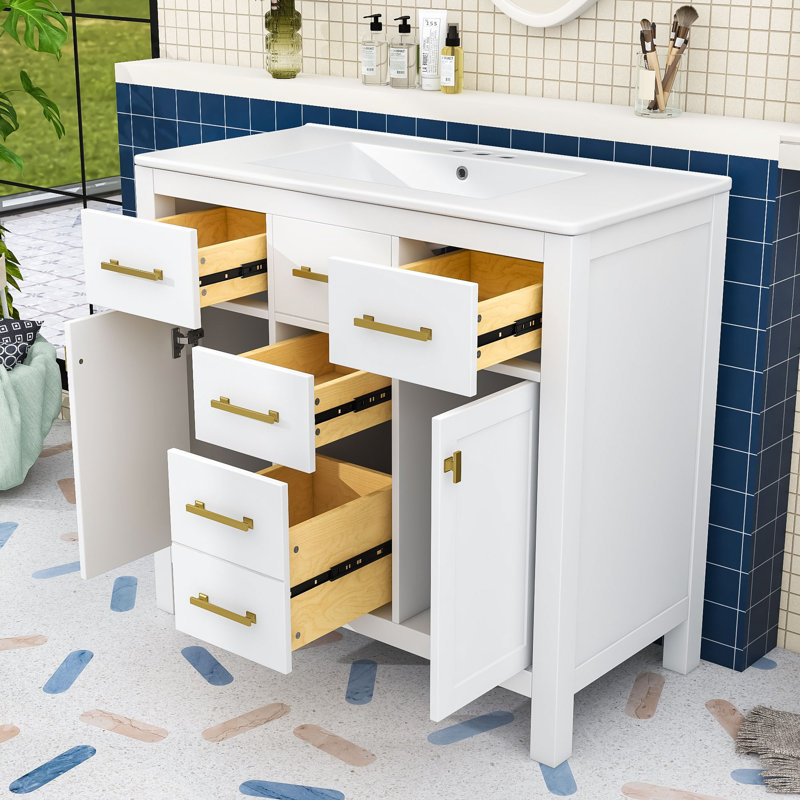 Liburd 36" Freestanding Bathroom Vanity with Ceramic Sink and Storage Cabinet Combo, White