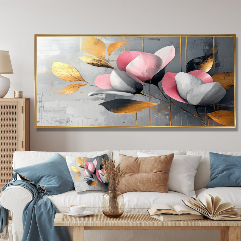 Medders - Floral Large Wall Art, H 28 po x l 60 po, Cadre flottant, Doré