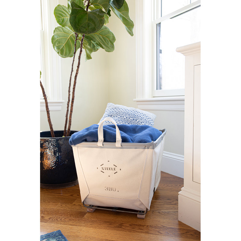 Laundry Basket with Handles, Grey Vinyl, Wood Runners