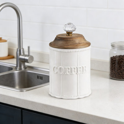 Door Knob Coffee Canister With Wood Lid And Glass Knob - Dolomite Ceramic Kitchen Countertop Storage Jar With Embossed Label