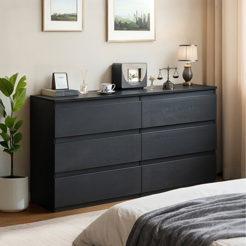 Modern Bedroom 6 Drawer Dresser, Black