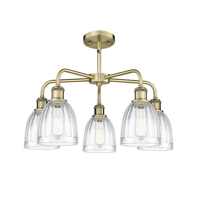 Lustre tambour en acier à intensité variable 5 lumières Poway, Transparent, Laiton antique
