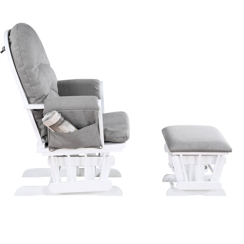 Fauteuil coulissant Mason et en bois blanc - revêtement en tissu huître, glissement doux, dossier à boutons, rangement sur les poches latérales, accoudoir de style chambre de bébé traditionnel, coussin de dossier rembourré silencieux, capitonnage, look