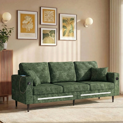78" Modern 3-Seater Corduroy Sofa with Ambient LED Light, USB Charging Port and Side Storage Pocket