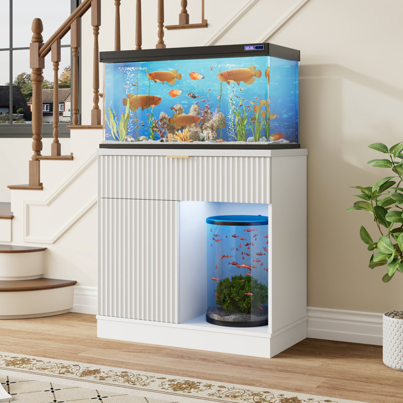 Mobilier moderne pour aquarium avec armoire de rangement, tiroirs, prise électrique et étagères, 31.5", Blanc