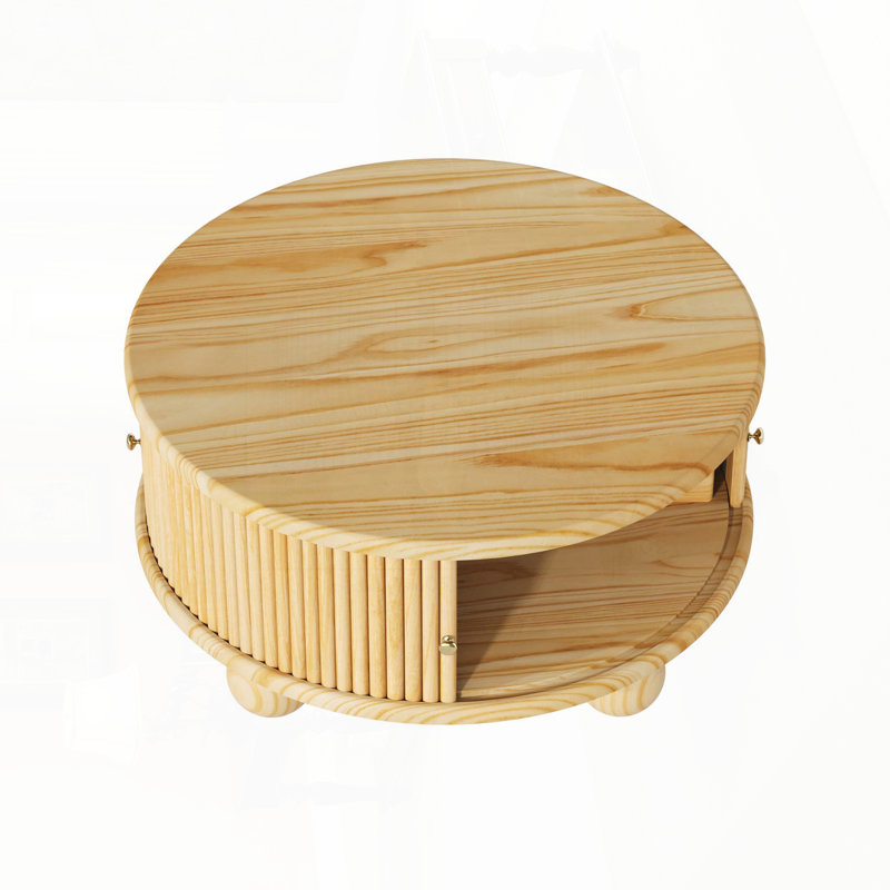 Round Fluted Coffee Table with Hidden Storage and Sliding Door