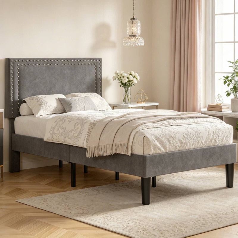 Ensemble de 2 cadres de lit plateforme tapissier gris Cadena avec tête de lit réglable capitonnée, lit simple silencieux avec rangement sous le lit de 8 pouces