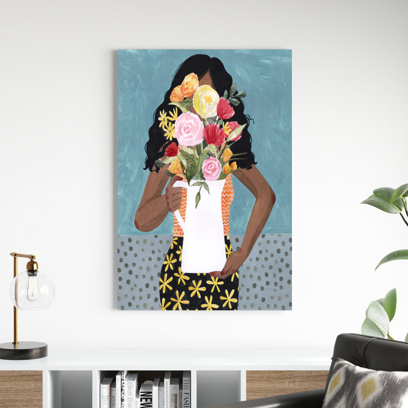 «Flower Vase Girl I», peinture sur toile, H 48 po x l 32 po