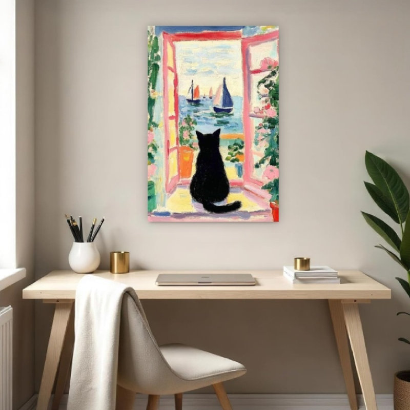 Drôle de chat noir avec motif de paysage de fenêtre, art mural sans cadre, 16 x 20
