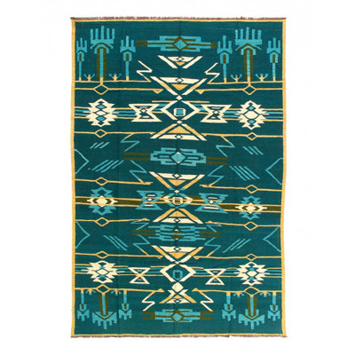 Tapis unique vert à tissage plat 6 pi 4 po x 9 pi 8 po Natalyia