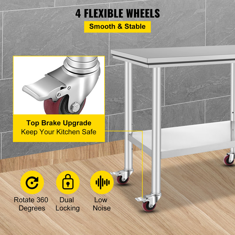 VEVOR 36x24 Stainless Steel Work Table with Caster Wheels
